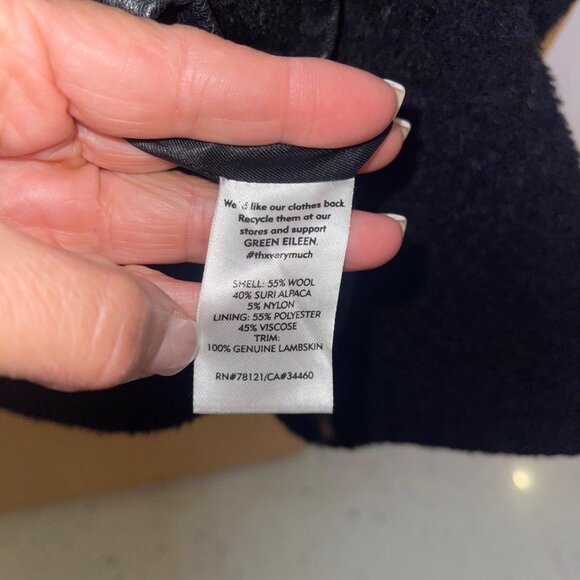 Eileen Fisher Womens Size XL Black Suri Alpaca Coat With Leather Trim Classic - Picture 11 of 14